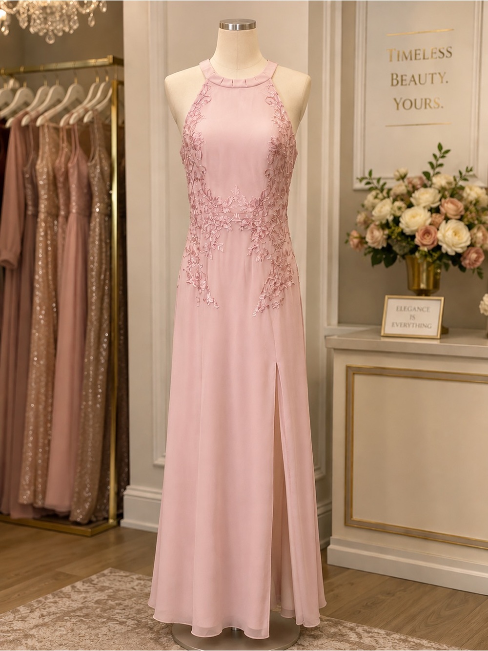 Elegant Pink Appliqué Halter Top Evening Dress, Size 8